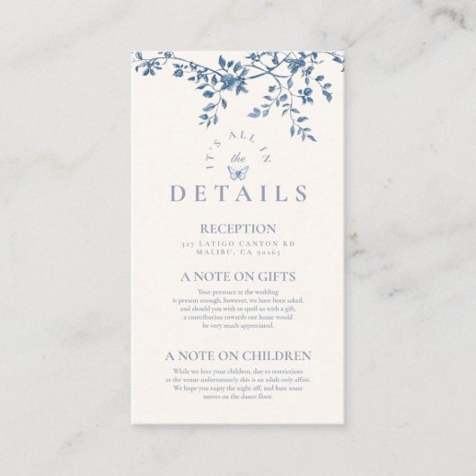 Elegant Frans  Blauw Bloemen Bruiloft Informatiekaartje (Voorkant)