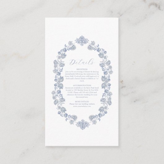 Elegant Frans  Blauw Bloemen Bruiloft Informatiekaartje (Voorkant)