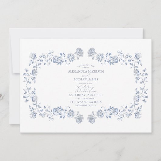Elegant Frans Blauw Bloemen Bruiloft Kaart (Voorkant)