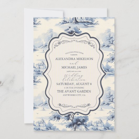 Elegant Frans Blauw  Bloemen Bruiloft Kaart (Voorkant)