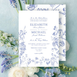 Elegant Frans  Blauw Bloemen Bruiloft Kaart