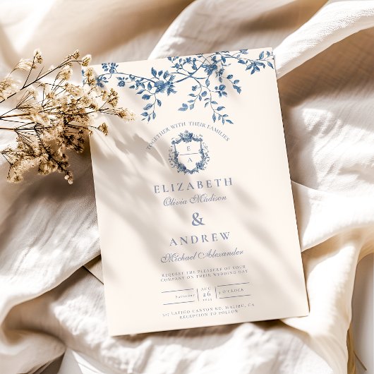 Elegant Frans  Blauw Bloemen Bruiloft Kaart