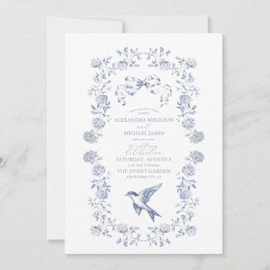 Elegant Frans Blauw Bloemen Bruiloft Kaart (Voorkant)