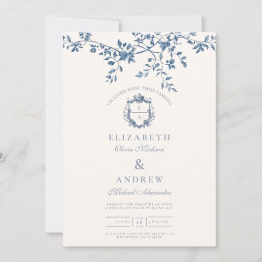 Elegant Frans  Blauw Bloemen Bruiloft Kaart (Voorkant)