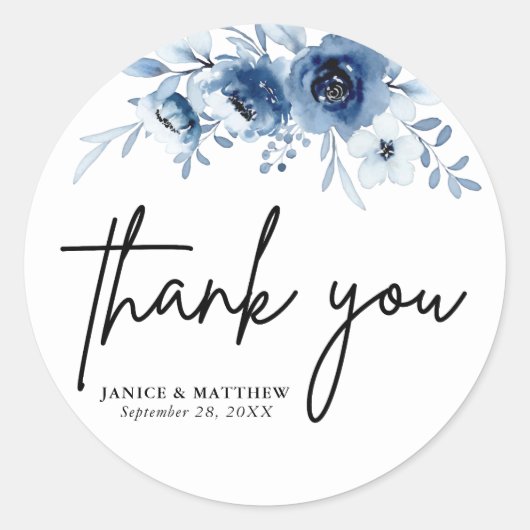 Elegant Frans Blauw Bloemen Bruiloft Ronde Sticker (Voorkant)
