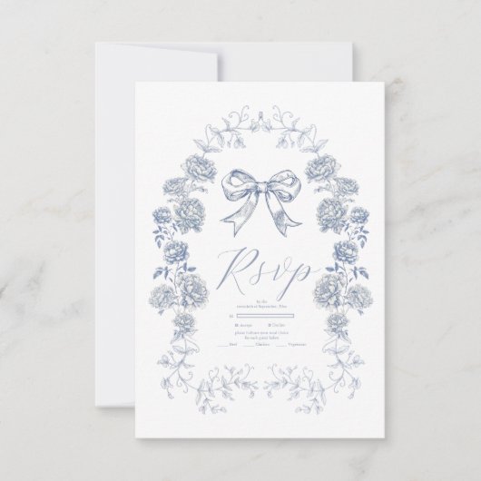 Elegant Frans  Blauw Bloemen Bruiloft RSVP Kaartje (Voorkant)