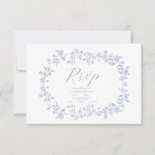 Elegant Frans  Blauw Bloemen Bruiloft RSVP Kaartje (Voorkant)