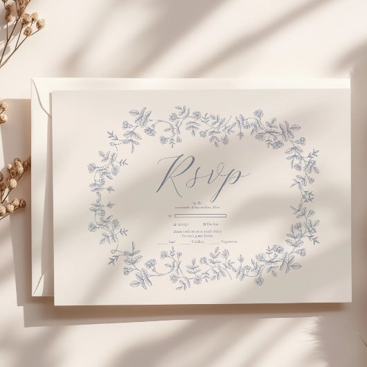 Elegant Frans  Blauw Bloemen Bruiloft RSVP Kaartje