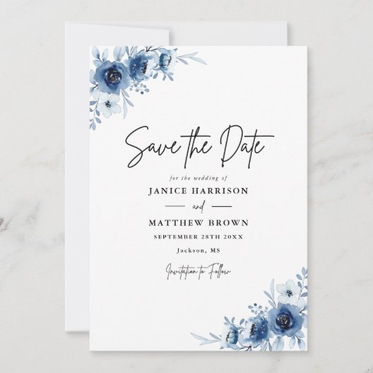 Elegant Frans  Blauw Bloemen Bruiloft Save The Date (Voorkant)