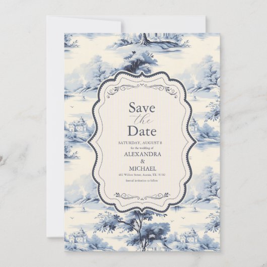 Elegant Frans Blauw Bloemen Bruiloft Save The Date (Voorkant)