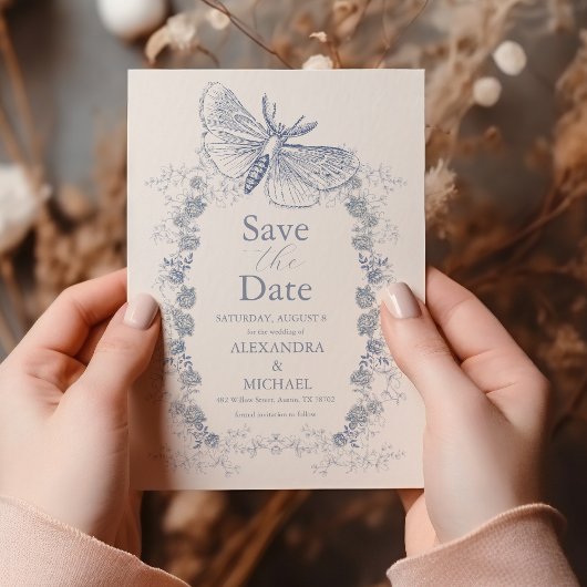 Elegant Frans  Blauw Bloemen Bruiloft Save The Date