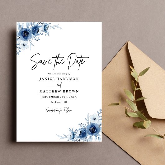 Elegant Frans  Blauw Bloemen Bruiloft Save The Date