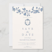 Elegant Frans  Blauw Bloemen Bruiloft Save The Date (Voorkant)