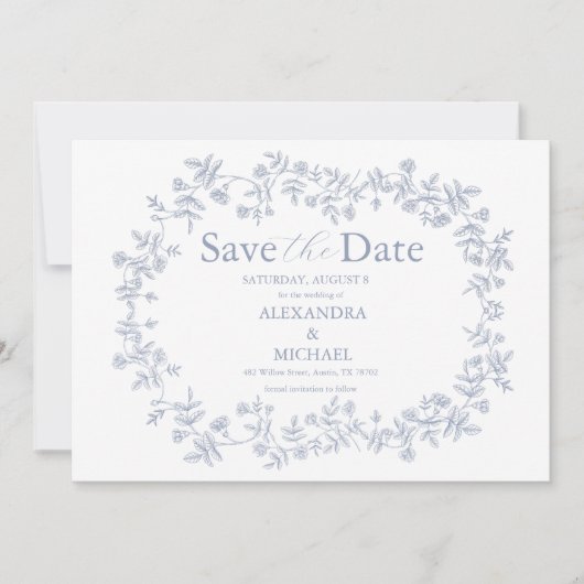 Elegant Frans  Blauw Bloemen Bruiloft Save The Date (Voorkant)