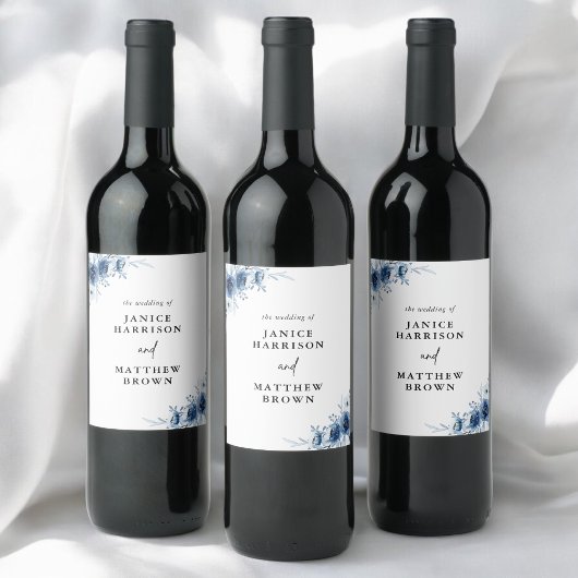 Elegant Frans  Blauw Bloemen Bruiloft Wijn Etiket