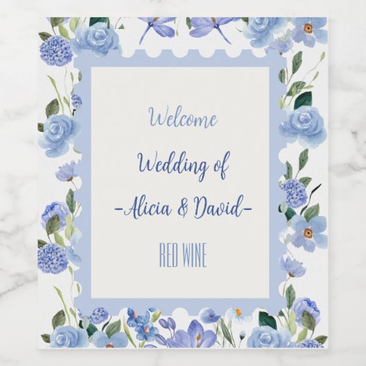Elegant Frans  Blauw Bloemen Bruiloft Wijn Etiket (Enkel label)