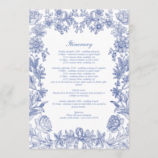 Elegant Frans Blauw Bloemen Huwelijksroute Programmakaart (Achterkant)