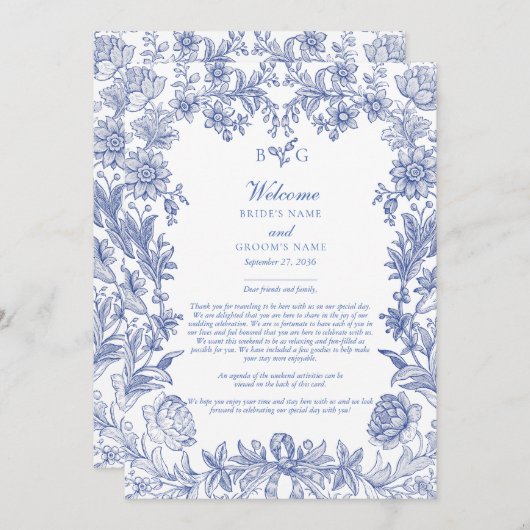 Elegant Frans Blauw Bloemen Huwelijksroute Programmakaart (Voorkant / Achterkant)