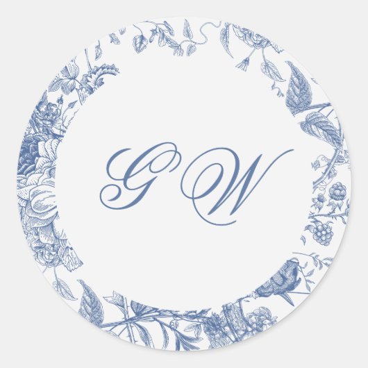 Elegant Frans  Blauw Bloemen Jouy Ronde Sticker (Voorkant)