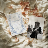 Elegant Frans  Blauw Bloemen Save the Date Kaart