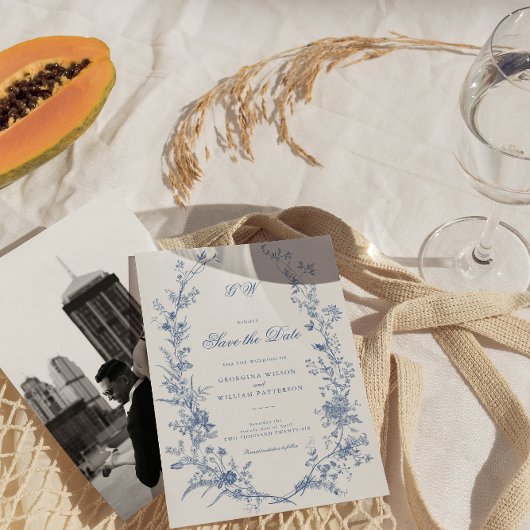 Elegant Frans  Blauw Bloemen Save the Date Kaart