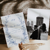 Elegant Frans  Blauw Bloemen Save the Date Kaart