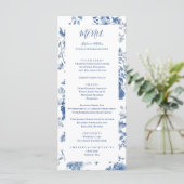 Elegant Frans Blauw Bloemen Toile Bruiloft Menu (Staand voorkant)