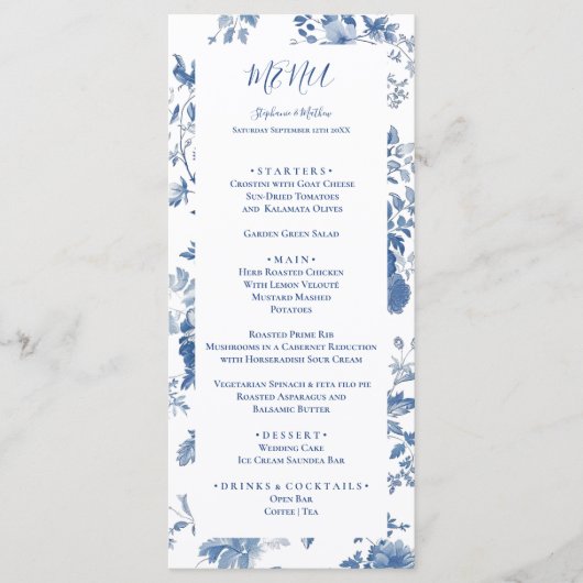 Elegant Frans Blauw Bloemen Toile Bruiloft Menu (Voorkant)