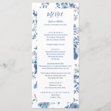 Elegant Frans Blauw Bloemen Toile Bruiloft Menu