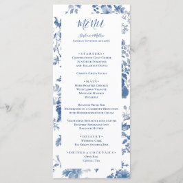 Elegant Frans Blauw Bloemen Toile Bruiloft Menu