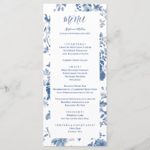 Elegant Frans Blauw Bloemen Toile Bruiloft Menu