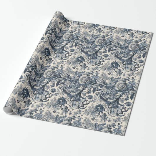 Elegant  Frans Blauw Bloemen Toile Fleurie Cadeaupapier (Uitgerold)