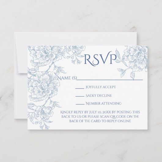  Elegant Frans Blauw Bloemen Toile QR Code RSVP Kaartje (Voorkant)