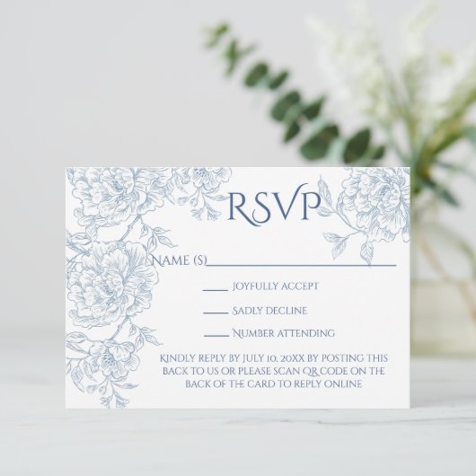  Elegant Frans Blauw Bloemen Toile QR Code RSVP Kaartje (Staand voorkant)