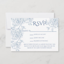 Elegant Frans Blauw Bloemen Toile QR Code RSVP Kaartje