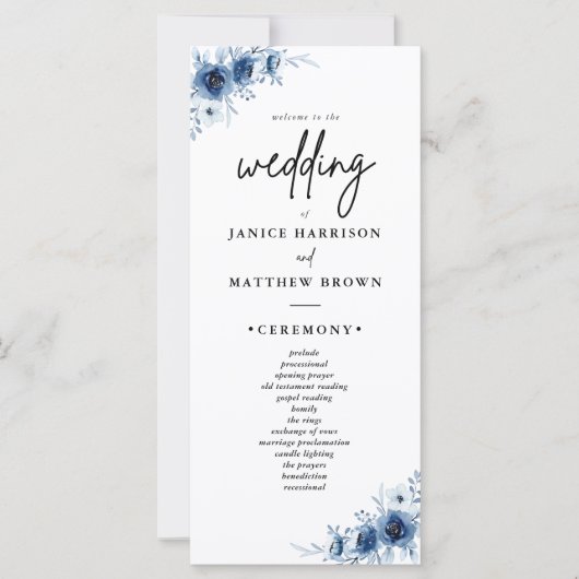 Elegant Frans Blauw Bloemen Trouwprogramma (Voorkant)