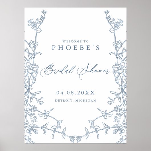 Elegant Frans Blauw Bloemen Vrijgezellenfeest Welk Poster (Voorkant)