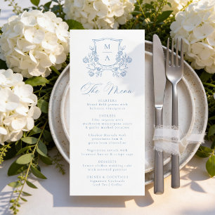 Elegant Frans Blauw Bloemenkroon Monogram Trouwdag Menu