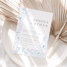 Elegant Frans Blauw Bloemenlijn Art Bruiloft Kaart