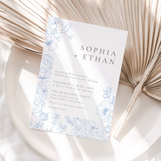 Elegant Frans Blauw Bloemenlijn Art Bruiloft Kaart