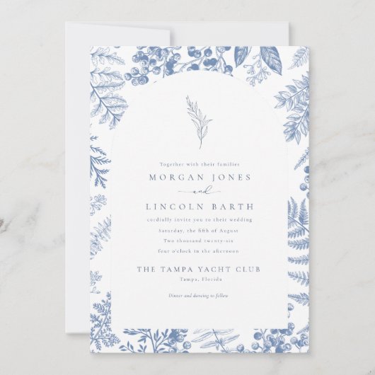 Elegant Frans Blauw Bloom Bloemen Bruiloft Kaart (Voorkant)