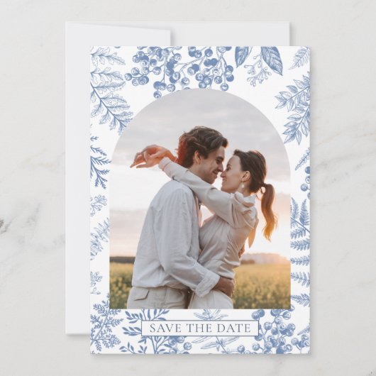 Elegant Frans Blauw Bloom Bloemen Bruiloft Save The Date (Voorkant)