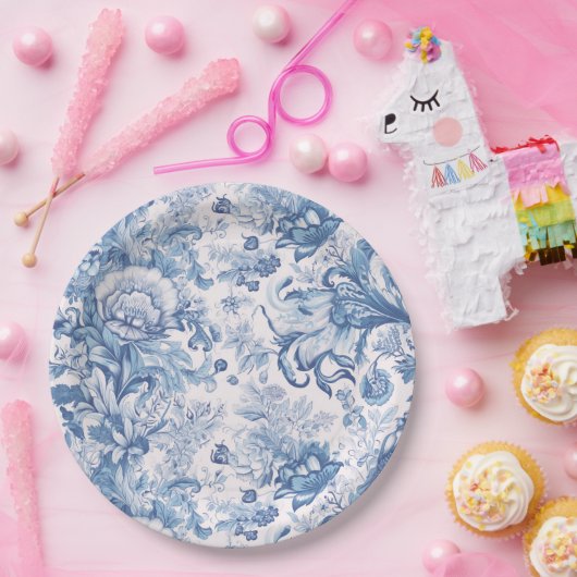 Elegant  Frans Blauw Toile Pattern Papieren Bordje (Feest)