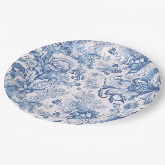 Elegant Frans Blauw Toile Pattern Papieren Bordje (Gekanteld)