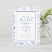 Elegant Frans Blauw & Wit Bloemen Baby shower Kaart (Staand voorkant)