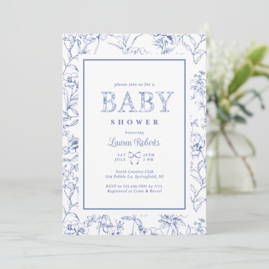 Elegant Frans Blauw & Wit Bloemen Baby shower Kaart (Staand voorkant)