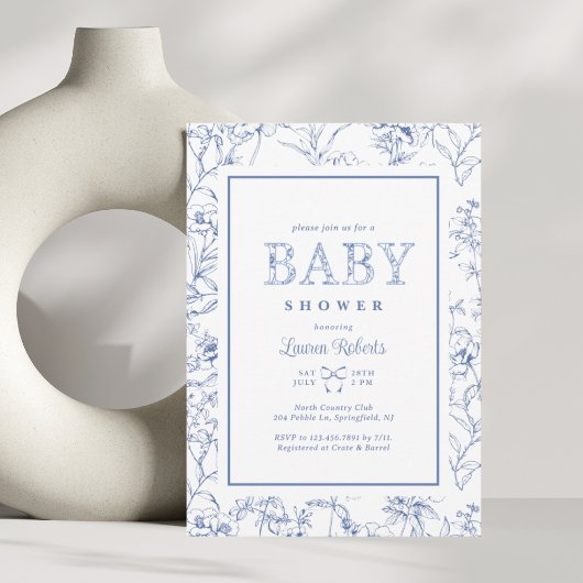 Elegant Frans Blauw & Wit Bloemen Baby shower Kaart