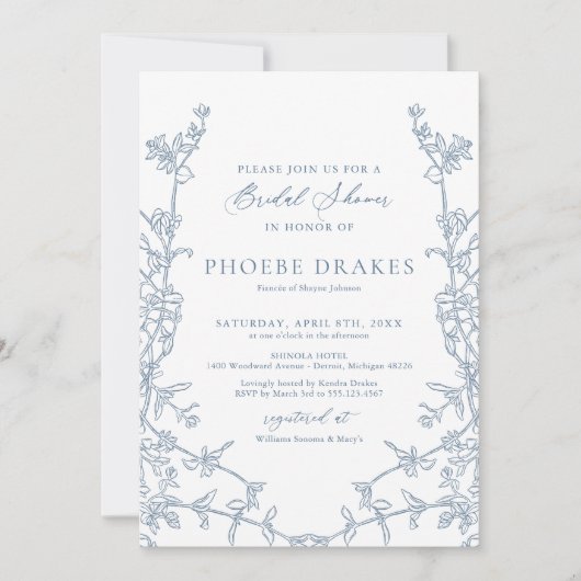 Elegant Frans Blauwe Bloemenlijst Bruidsdouche Kaart (Voorkant)