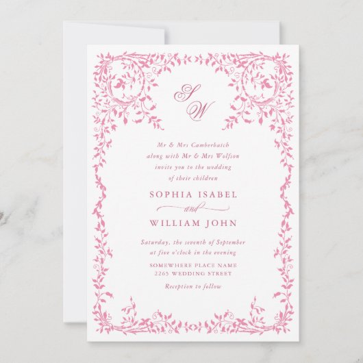 Elegant Frans Bloemen Lijst Bruiloft QR code Kaart (Voorkant)