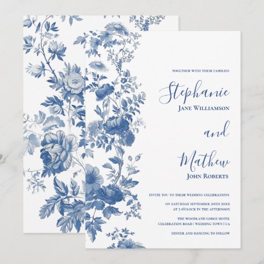 Elegant Frans Bloementoilet Blauw Bruiloft Kaart (Voorkant / Achterkant)